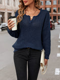 Romildi Solid Notched Neck Knit Sweater, Casual Long Sleeve Sweater, Women's Clothing