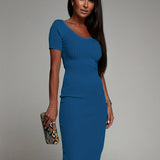 Romildi Solid Ribbed Dress, Elegant V Neck Short Sleeve Slim Dress, Women's Clothing