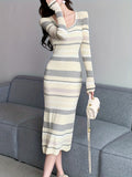 Romildi Striped Bodycon Midi Dress, Elegant Scoop Neck Long Sleeve Dress, Women's Clothing