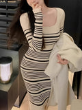 Romildi Striped Print Knitted Slim Dress, Elegant Long Sleeve Dress, Women's Clothing