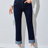 Romildi Raw Hem Rolled Legs Mid Rise Slim Fit Straight Legs High Stretchy Washed Blue Color Vintage Straight Jeans, Women's Denim Jeans