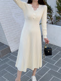 Romildi Ribbed Button Front Dress, Elegant Solid Long Sleeve Midi Dress, Women's Clothing