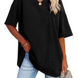 Romildi Basic Loose Solid T-Shirts, Casual Short Sleeve V-Neck T-Shirts, Casual Every Day Tops, Women's Clothing