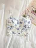 2pcs Girls Pastoral Style Lace Rose Floral Print Camisole With Chest Pad Pleated Wrap Chest Bottoming Tube Top For 14-18 Y