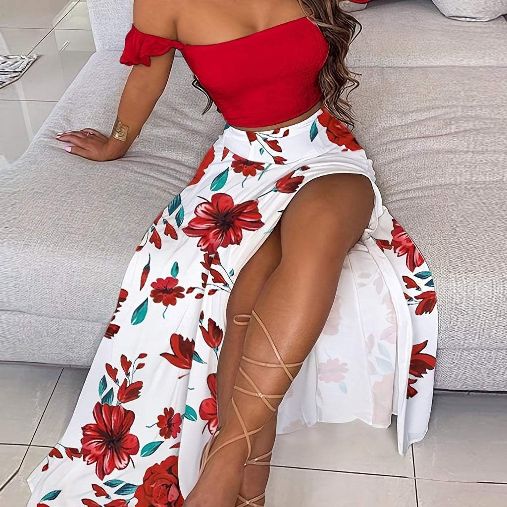 Romildi Elegant Boho 2 Pieces Set, Off Shoulder Smocked Solid Tube Top & Floral Print High Waist Split Thigh Skirts Outfits, Women's Clothing