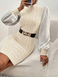 Romildi Color Block Ribbed Dress, Elegant Lantern Sleeve High Neck Slim Dress, Women's Clothing