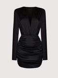 Romildi Solid Deep V Neck Ruched Dress, Sexy Long Sleeve Bodycon Dress For Spring & Fall, Women's Clothing