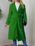 Romildi Solid Lapel Mid Length Overcoat, Casual Open Front Long Sleeve Outerwear With Pockets, Women's Clothing