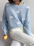 Romildi Preppy Cloud Pattern Sweater, Long Sleeve Casual Cute Sweater For Winter & Fall, Women's Clothing