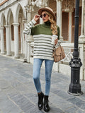 Romildi Striped Turtle Neck Pullover Sweater, Casual Long Sleeve Sweater, Women's Clothing