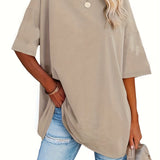 Romildi Drop Shoulder Half Sleeve T-Shirt, Loose Crew Neck Casual Top For Summer & Spring, Women's Clothing