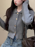 Romildi Solid Button Up Knit Cardigan, Casual Turndown Collar Long Sleeve Sweater, Women's Clothing