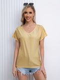 Romildi V Neck Eyelet T-Shirt, Solid Short Sleeve Casual Top For Summer & Spring, Women's Clothing