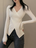 Romildi Solid Cross Front Knitted Top, Casual Long Sleeve V Neck Slim Sweater, Women's Clothing