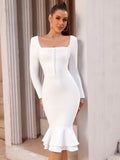 Bodycon Square Neck Mermaid Dress, Elegant Long Sleeve Dress For Party & Banquet, Women's Clothing