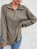 Romildi Long Sleeve Half Zip Sweater, Side Slit Casual Sweater For Winter & Fall, Women's Clothing