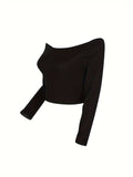 Romildi Solid Off Shoulder Slim T-Shirt, Versatile Long Sleeve T-Shirt For Spring & Fall, Women's Clothing