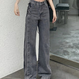 Crisscross Lace Up Tie Side Retro Jeans, High Rise Plain Denim Pants, Women's Denim Jeans & Clothing