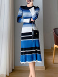 Romildi Striped Print Long Sleeve Knit Dress, Elegant Crew Neck A-line Dress, Women's Clothing