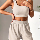 Romildi Tank Top & Shorts Two-piece Set, Ribbed Crop Tank Top & Ribbed Casual Shorts, 2pcs Outfits For Vacation, Every Day, Women's Clothing