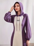 Romildi Color Block Slogan Print Hoodie Dress, Casual Drawstring A-line Dress For Fall & Winter, Women's Clothing