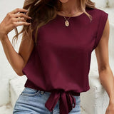 Romildi Romildi Keyhole Back Tie Front Blouse, Casual Crew Neck Blouse For Spring & Summer, Women's Clothing