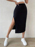Romildi Romildi Solid Split Skirts, Casual Versatile High Waist Midi Skirts, Women's Clothing