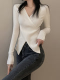 Romildi Solid Cross Front Knitted Top, Casual Long Sleeve V Neck Slim Sweater, Women's Clothing