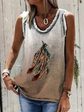 Romildi Feather Print Tank Top, Vintage Scoop Neck Sleeveless Summer Ethnic Tank Top, Women's Clothing