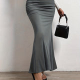 Romildi High Waist Mermaid Hem Skirts, Elegant Slim Ruched Maxi Skirts, Women's Clothing