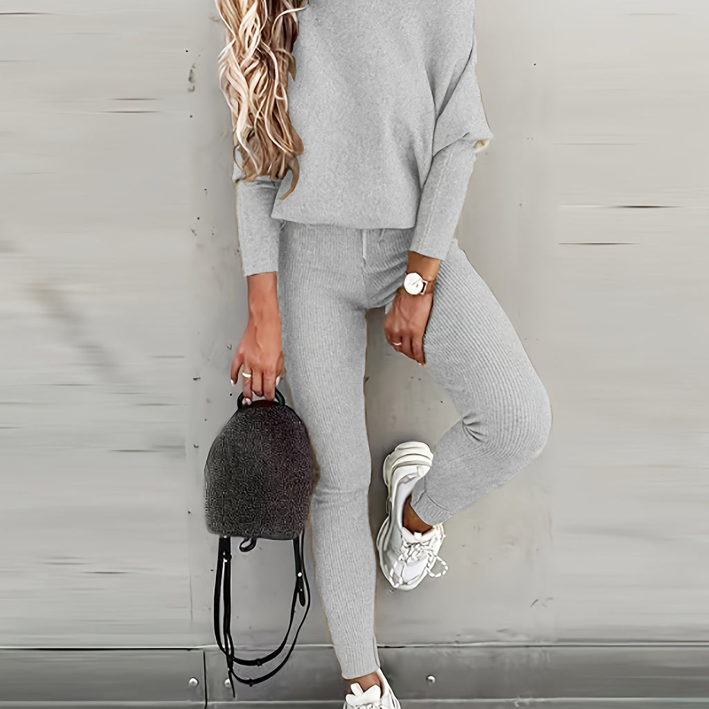 Romildi Romildi Casual Solid Sports Two-piece Set, With Slanted Shoulder Long Sleeve Hoodies & Tied Striped Pants Set, Women's Clothing