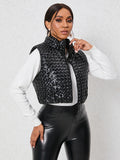 Romildi Solid Zip Up Cotton-padded Coat, Elegant Sleeveless Outwear For Winter, Women's Clothing