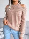 Romildi Solid Color Crew Neck Cold Shoulder Knitted Tops, Casual Everyday Pullover Sweaters, Women's Clothing