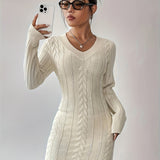 Cable Twist V Neck Knit Dress, Casual Long Sleeve Dress For Fall & Winter, Women's Clothing