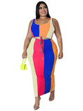 Romildi Romildi Plus Size Colorblock Ribbed Drawstring Tank Top & Slim Fit Skirt Sets, Women's Plus Medium Stretch 2pcs Sets