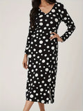 Romildi Polka Dot Print Long Sleeve Dress, Casual V Neck Split Hem Dress For Spring & Fall, Women's Clothing