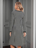 Romildi Houndstooth Pattern Contrast Trim Dress, Elegant Long Sleeve Crew Neck Dress, Women's Clothing
