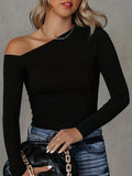 Romildi Solid Cold Shoulder T-Shirt, Casual Long Sleeve Top For Spring & Fall, Women's Clothing