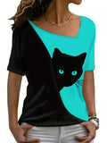Romildi Cat Print Color Block T-Shirt, Asymmetrical Neck Short Sleeve T-Shirt, Casual Every Day Tops, Women's Clothing