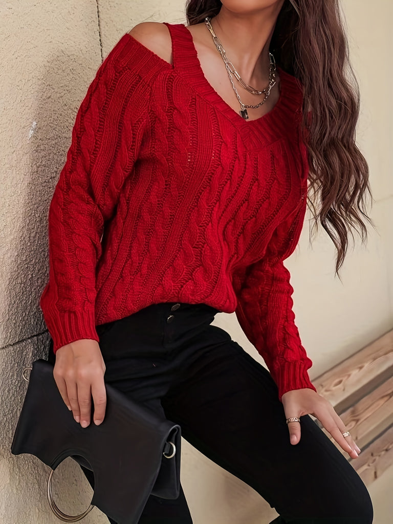 Romildi Solid Cut Out Cable Knit Sweater, Casual V Neck Long Sleeve Sweater, Women's Clothing