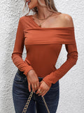 Romildi Ribbed Cold Shoulder T-Shirt, Casual Long Sleeve Top For Spring & Fall, Women's Clothing