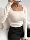 Romildi Ribbed Slim Long Sleeve T-Shirt, Casual Top For Spring & Fall, Women's Clothing