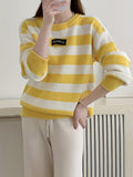 Romildi Striped Crew Neck Pullover Sweater, Elegant Long Sleeve Loose Sweater, Women's Clothing