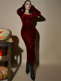 Romildi Ruched Sweetheart Neck Dress, Vintage Long Sleeve Bodycon Dress, Women's Clothing