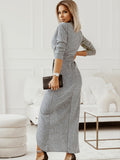 Romildi Sexy V-neck Slit Waist Dress, Casual Solid Asymmetrical Long Sleeve Long Dresses, Women's Clothing