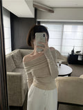 Romildi Solid Off Shoulder Knitted Top, Y2K Long Sleeve Slim Sweater For Spring & Fall, Women's Clothing