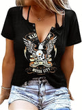 Romildi Letter & Skull Print T-Shirt, V Neck Short Sleeve T-Shirt, Casual Every Day Tops, Women's Clothing