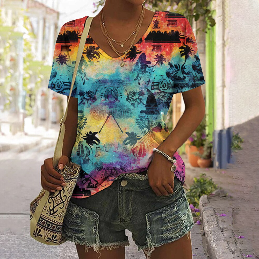 Romildi 3D Tie Dyed Printed T Shirts for Women Summer Short Sleeve Female Clothing Street Casual Top Vintage Pullover Female T-Shirt New