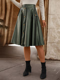 Romildi Faux Leather Button Front Skirt, Elegant Ruffle Hem Midi Skirt With Pocket, Women's Clothing