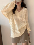 Romildi Oversized V Neck Knitted Pullover Sweater, Elegant Long Sleeve Sweater For Fall & Winter, Women's Clothing